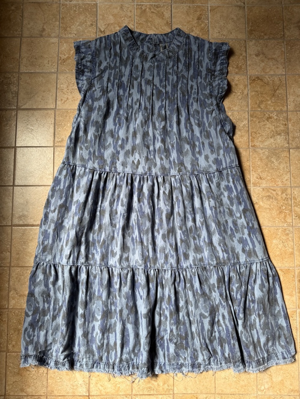 Anthropologie Blue Gray Tiered Animal-Print Midi Dress